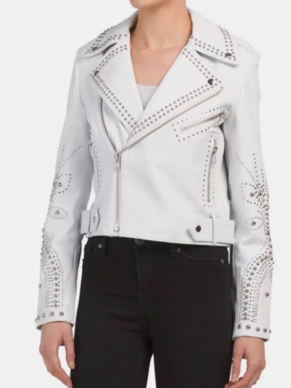 BELLE VERE WHITE LEATHER STUDDED MOTO JACKET-L-NWOT